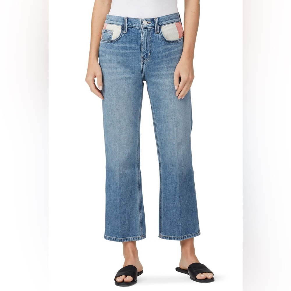 Current/Elliott The Vanessa Flare Crop Jeans Colorblock Blue Denim Size 29